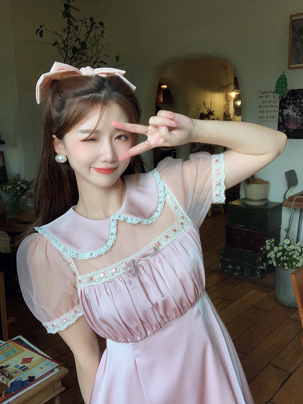 Cute & Chic Pink Collared Mini Dress with Puff Sleeves Pure Desire Satin Puff Sleeve Dress