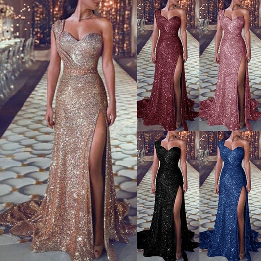 One-shoulder Sleeveless Bronzing Split Dress Women's Clothing