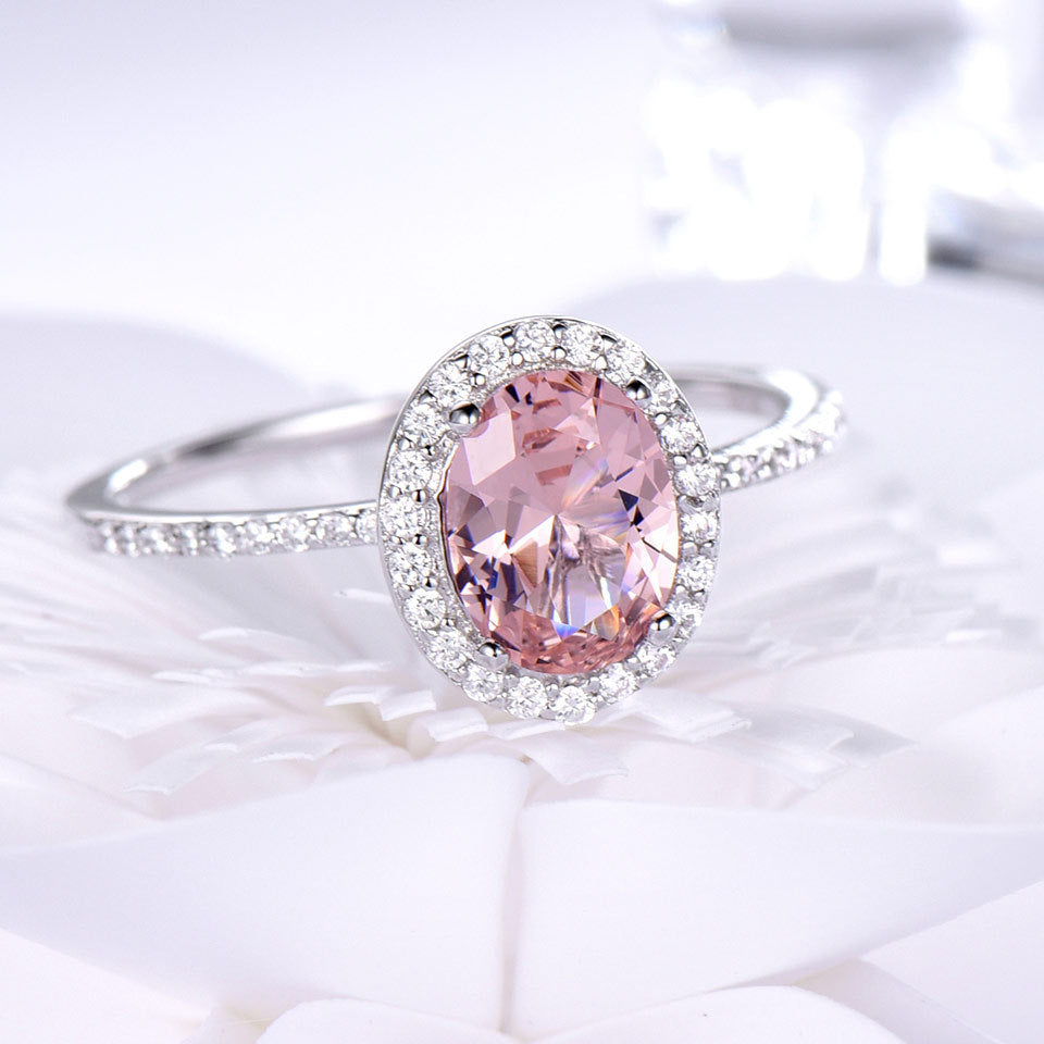 Oval Cut Gemstone Halo Ring with Pave Sterling Silver Band Classic  Morganite Ring Female Jewelry