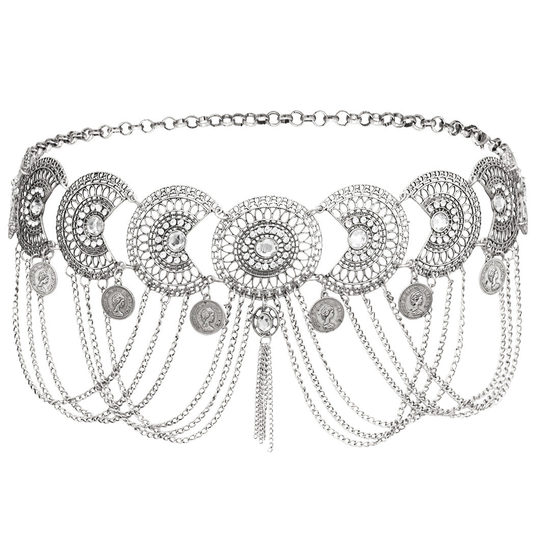 Bohemian Ornate Chain Belts Tribal Disc Waist Chains Ethnic Dangle Hip Belts Statement Festival Body Chains Coin Tassel Waist Chain