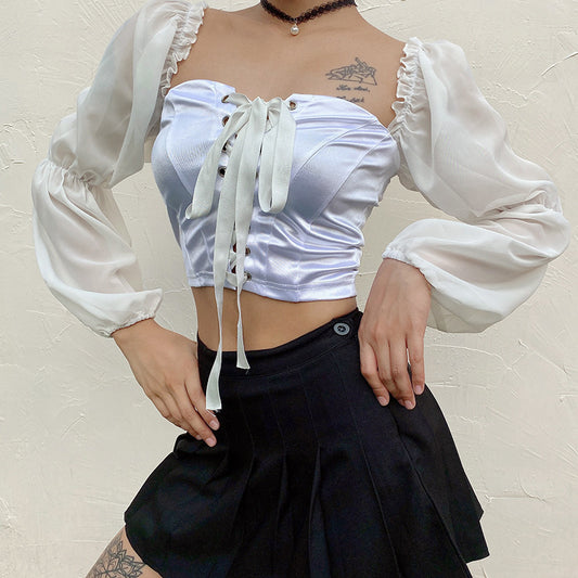 Mesh Puff Sleeve Tie Full Sleeve Top