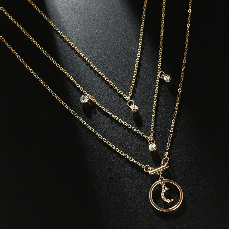 Multi-Layered Gold Chain Necklace with Moon & Crystal Charms Tocona Bohemian Antique Gold Circle Moon Rhinestone Pendant Chokers Necklaces Multi Layer Necklace Collar for Women Jewelry 3294