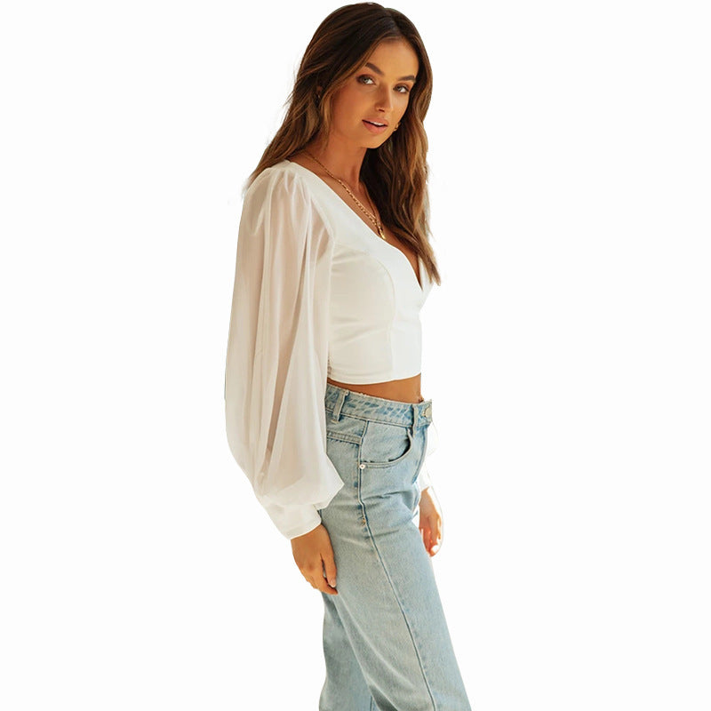 V-neck Lantern Sleeve Short Navel Crop All-match Top For Women's