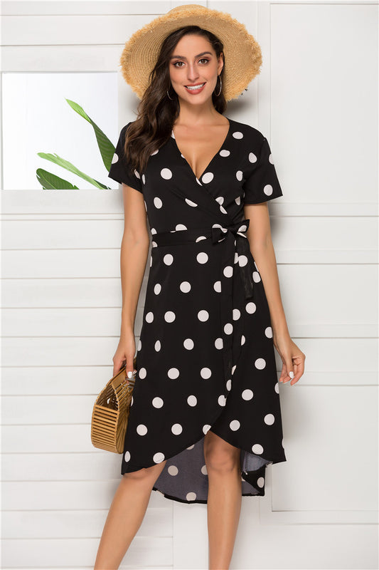 Elegant Tie-Waist Flowy A-Line Dress Short sleep Polka Dot Dress