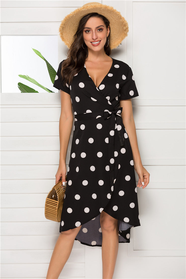 Elegant Tie-Waist Flowy A-Line Dress Short sleep Polka Dot Dress
