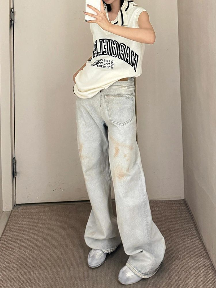 Washed Out & Worn In – Street-Ready Slouch Jeans American Retro Plus Size Stitching Jeans For Women