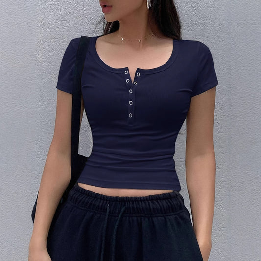 Solid Color Short-sleeved Top Rib Knit Half-cardigan Button T-shirt