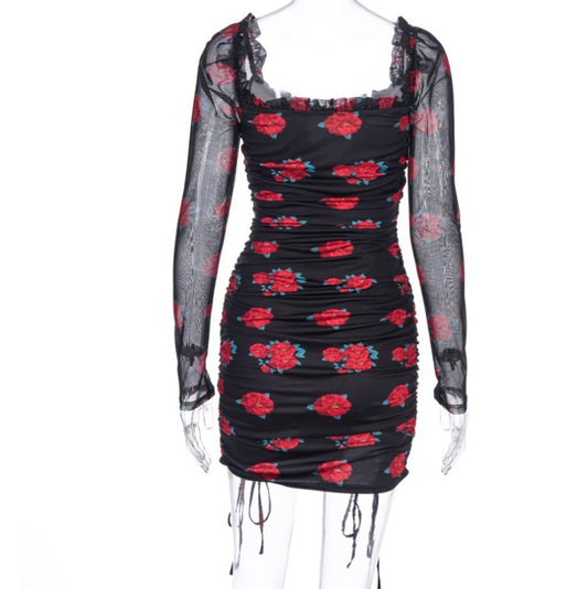 Printed long-sleeved pleated stretch-bag hip dress