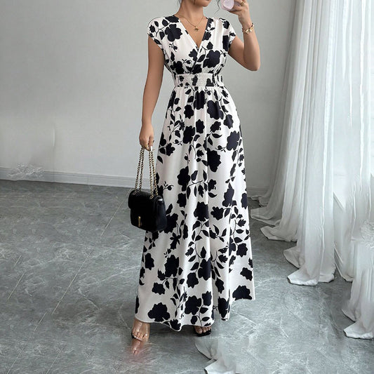 Wrap V Neck Short Sleeve Empire Elastic Waist Summer Casual Elegant Maxi Long Dresses