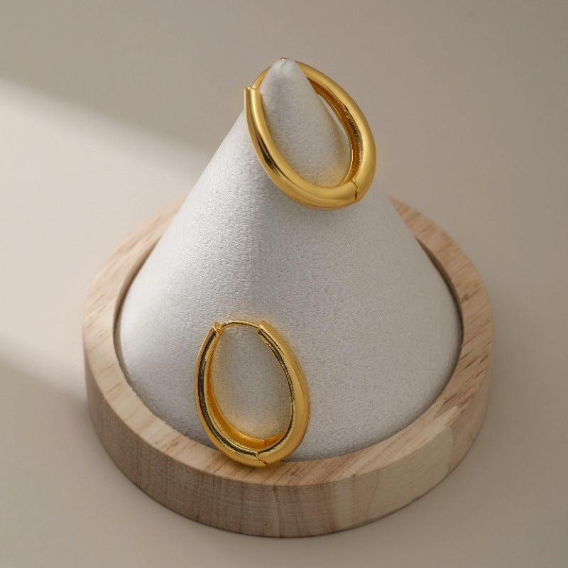 Classic Gold Plated Oval Hoop Earrings | Chunky & Minimalist Design 18K Real Gold Geometric Round Atmospheric Ear Buckles