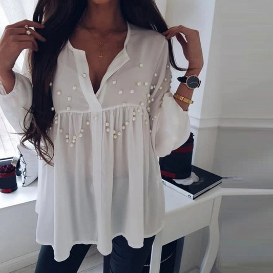 Elegant White Pearl Embellished Long Sleeve Blouse – Chic & Classy White Chiffon Beaded Loose Casual  Collar Top