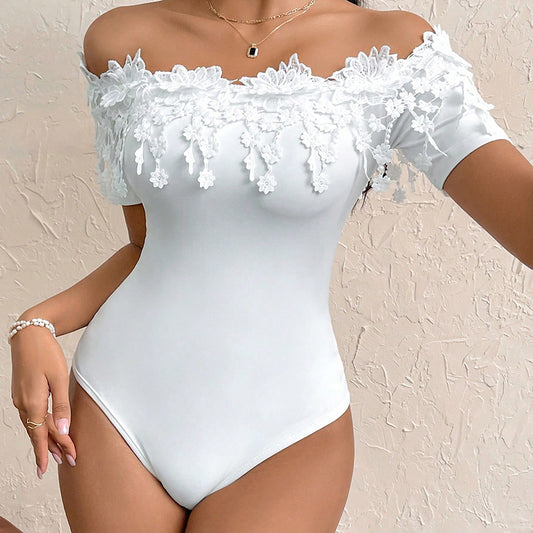 Sexy Ruffled Lace Detail Off-Shoulder One Piece Women's Off Shoulder Short Sleeve Bodysuit Sexy Lace Bodycon Top