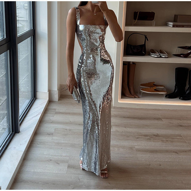 Sequin Sling Square Collar Backless Dress Skirt For Women's