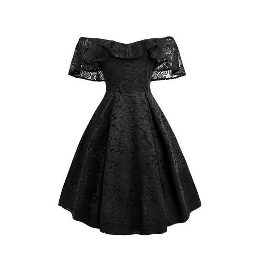 Romantic Lace Ruffle Sleeve Party Dress Strapless Retro Dress