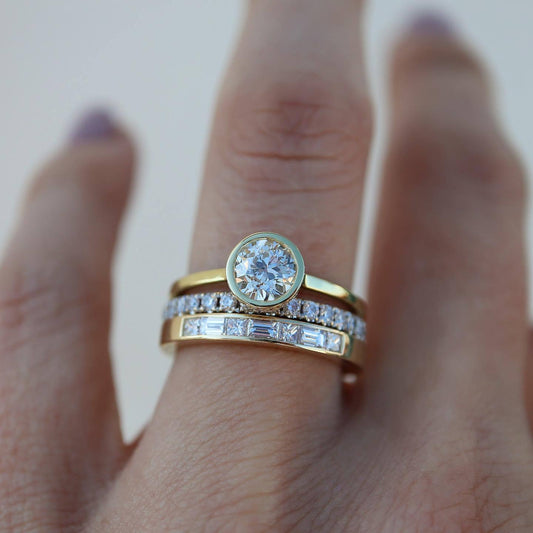 Modern Gold Bezel Solitaire & Baguette Stacking Ring Set