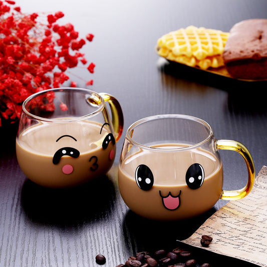 Cute Kawaii Emoji Glass Mug with Gold Handle Cute Glass Expression Coffee Cup Mug