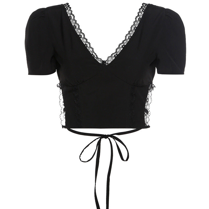 Lace Short-sleeved Black Top For Women's