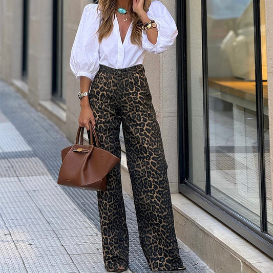 Fashion Temperament Leopard Print Straight Casual Trousers For Women's