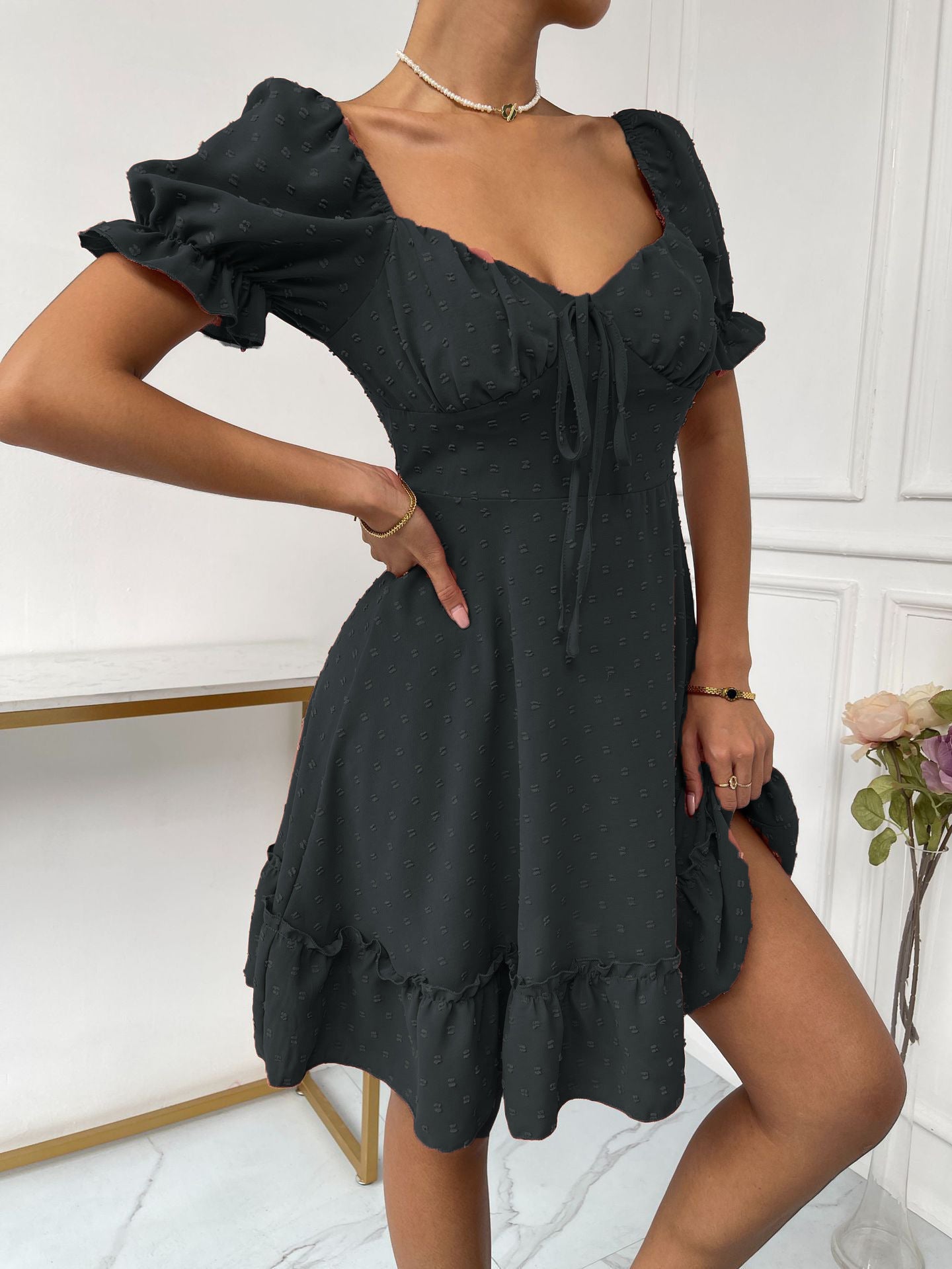 Full Jacquard Tie Puff Sleeve Mini Dress