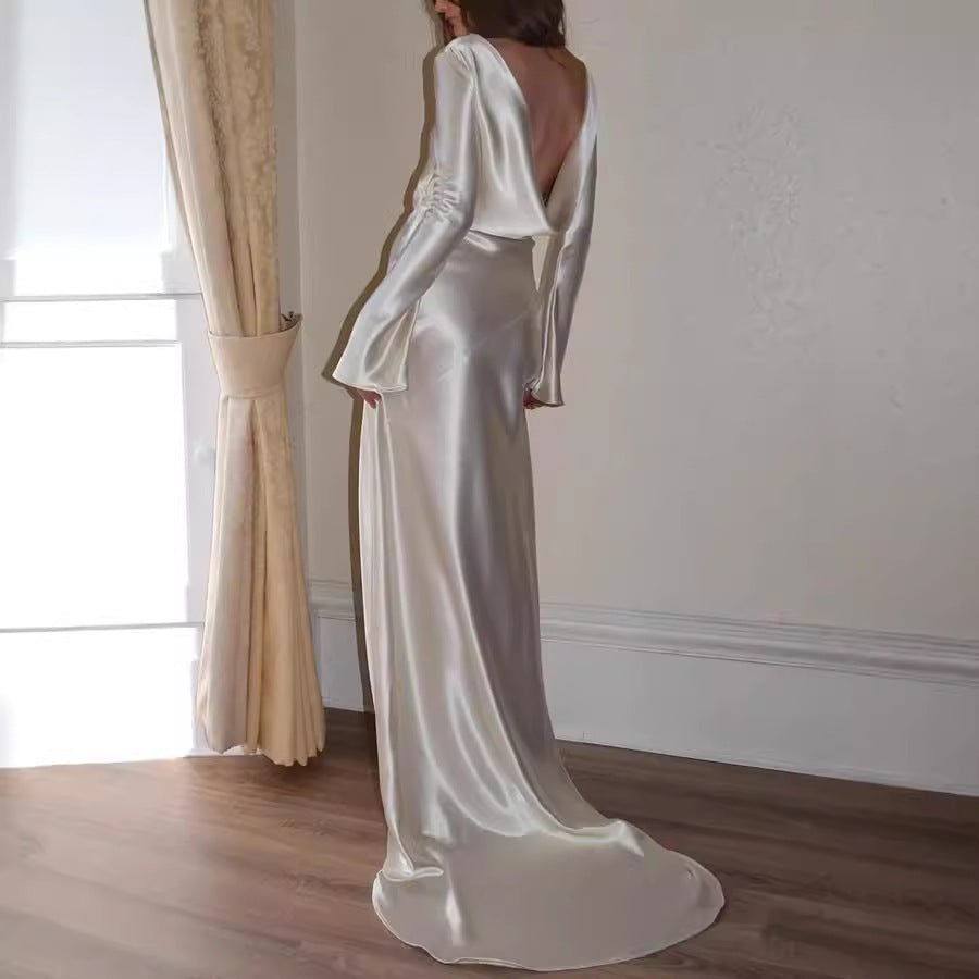Sexy Backless White Round Neck Satin Party Wear Dress