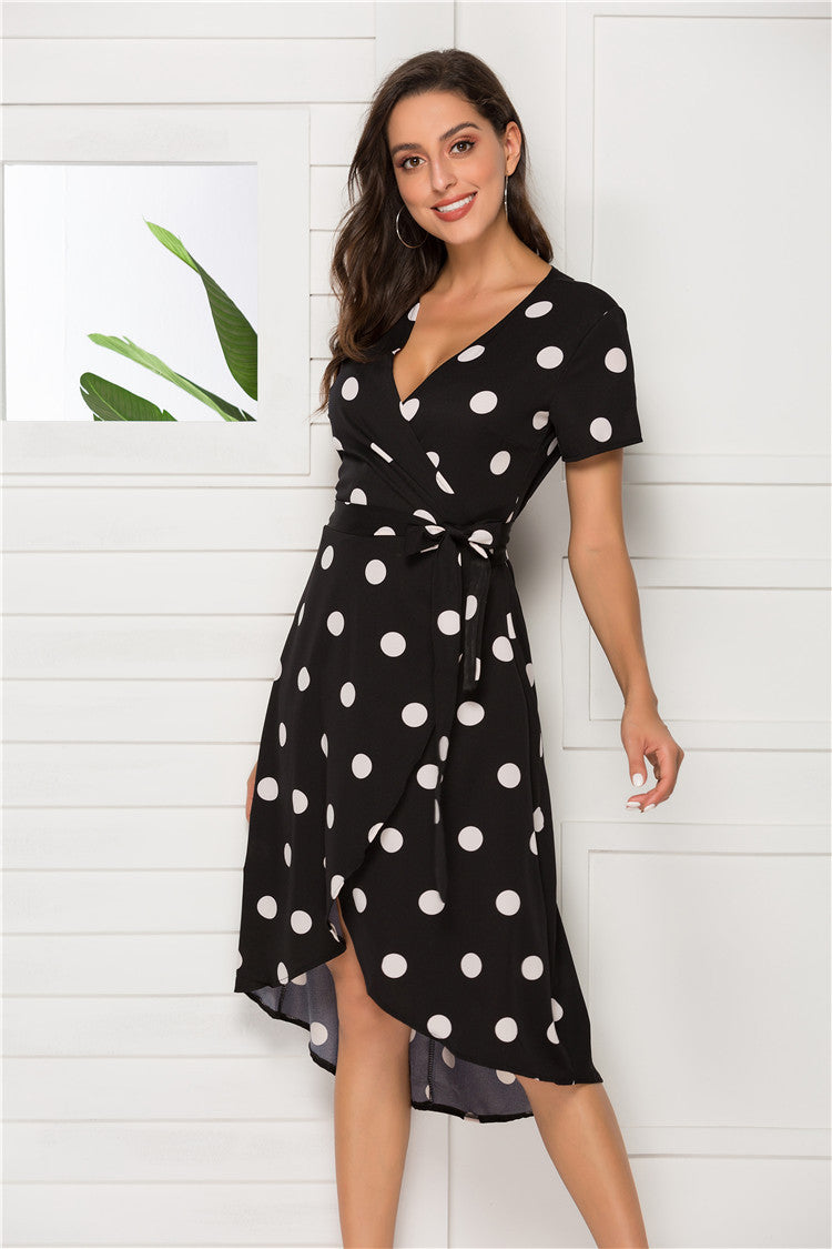 Elegant Tie-Waist Flowy A-Line Dress Short sleep Polka Dot Dress
