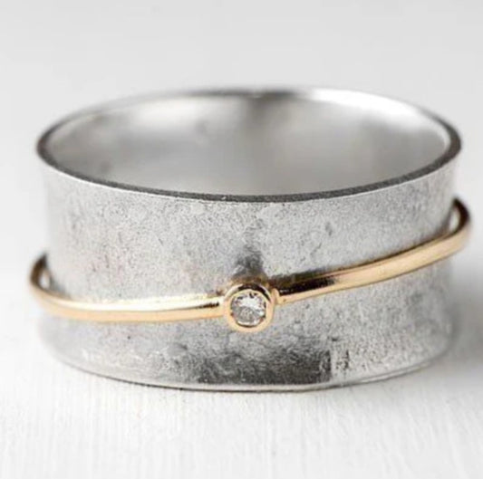 Sterling Silver & Gold Spinner Ring with Zircon Accent Women's Simple Fashion Personality Vintage Style Ring