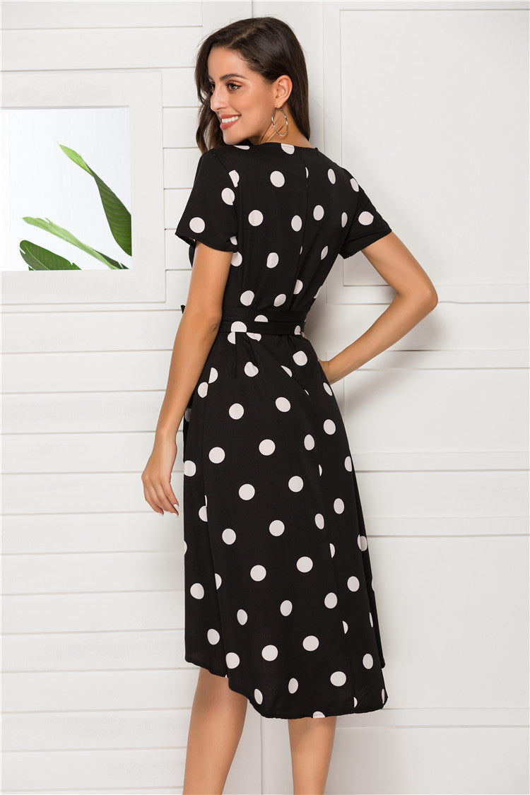 Elegant Tie-Waist Flowy A-Line Dress Short sleep Polka Dot Dress
