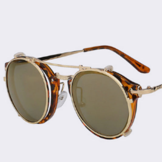 Retro Round Clip-On Sunglasses Fashionable And Vintage Dual Purpose Cover Mirror Flat Mirror Men's And Women's Sunglasses