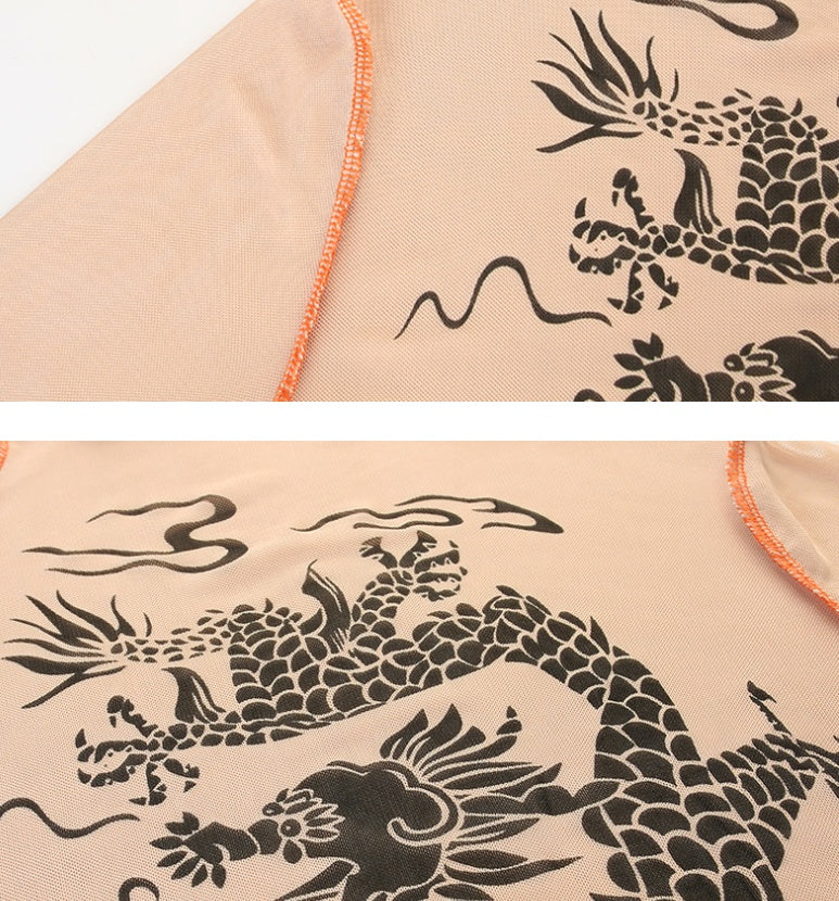 CHINESE DRAGON TURTLENECK MESH CROP TOP