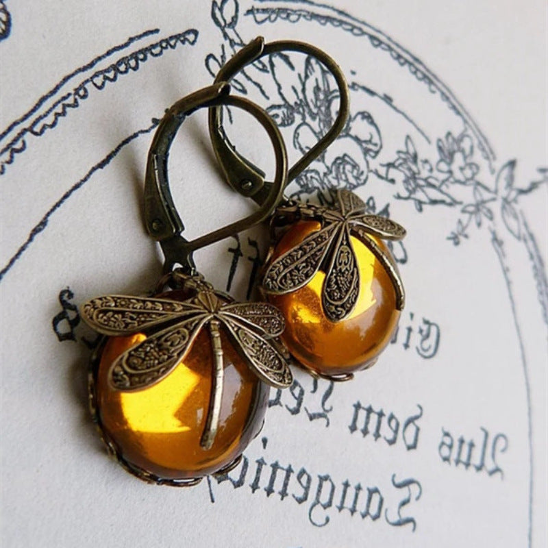 Vintage Inspired Dragonfly Dangle Earrings with Iridescent Cabochons