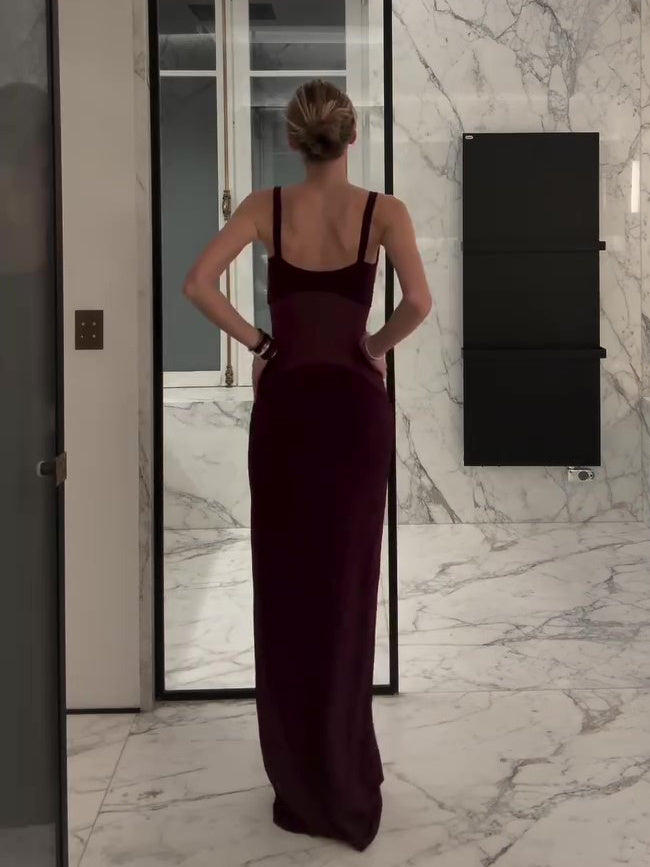 Sophisticated Spaghetti Strap Bodycon Gown Burgundy Mesh Patchwork Suspender Dress