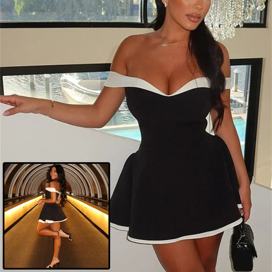 Elegant Off-Shoulder Mini Dress with White Trim Black And White Patchwork Summer Dress Y2K Trend Slash Neck Backless Sweet Girl Chic Ruched Mini Bodycon Streetwear