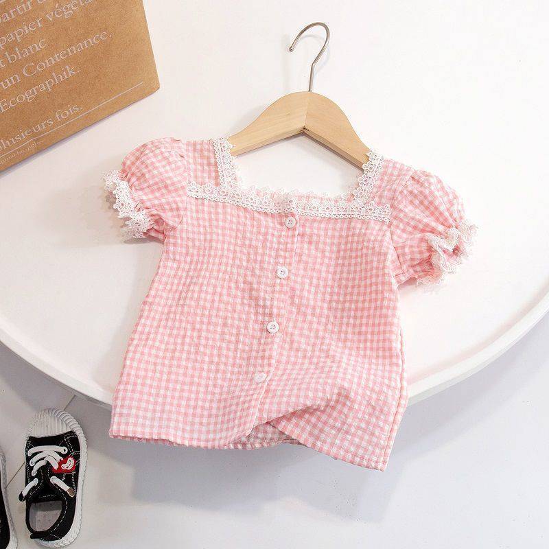 Stylish Toddler Girl Ruffle Hem Blouse | Short Sleeve Button Top Girls' One-shoulder Puff Sleeve Top Korean Style