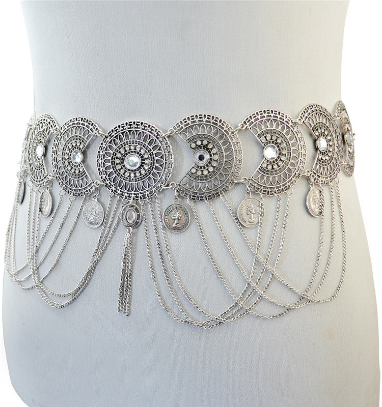 Bohemian Ornate Chain Belts Tribal Disc Waist Chains Ethnic Dangle Hip Belts Statement Festival Body Chains Coin Tassel Waist Chain