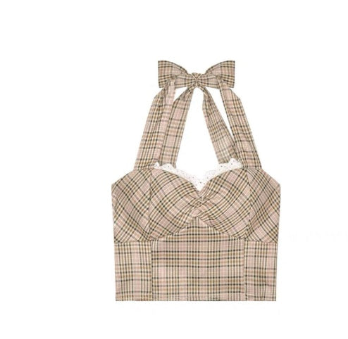 High Waist Pleated Mini Skirt with Matching Bralette Top Retro Plaid Strap Tank Top Women's Top Set