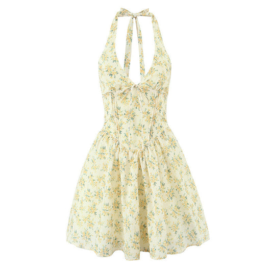 Sweet Pastoral Style Halter Backless Sexy Mini Dress Women