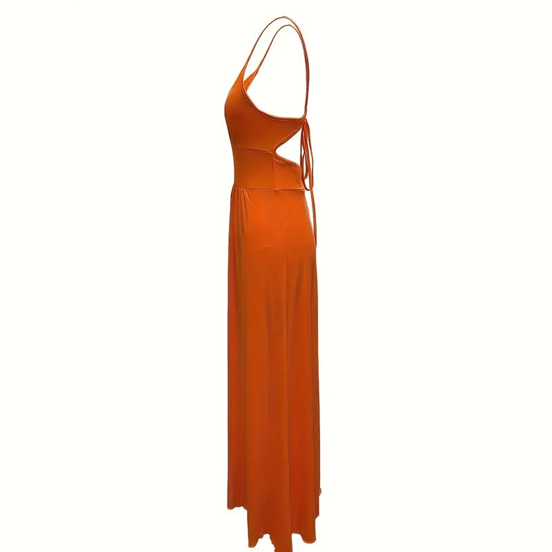 Sexy Deep V Neck Maxi Dress Spaghetti Strap Sleeveless Backless High Slit Long Dress