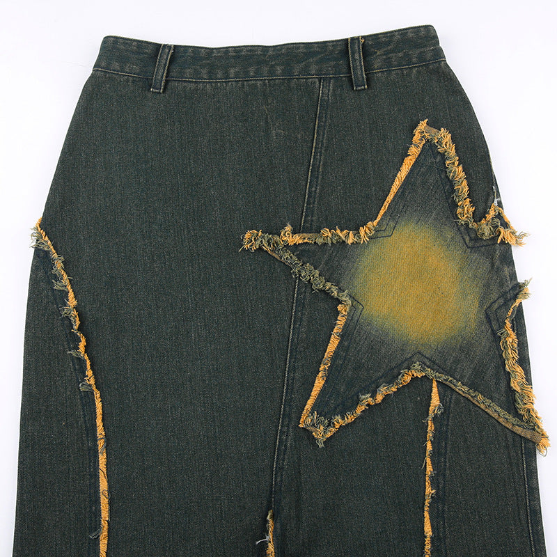 Five-pointed Star Retro Fishtail Denim Skirt For Women