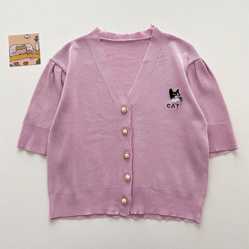 Korean Style Cat Embroidery Design Temperament V-neck Cardigan Top