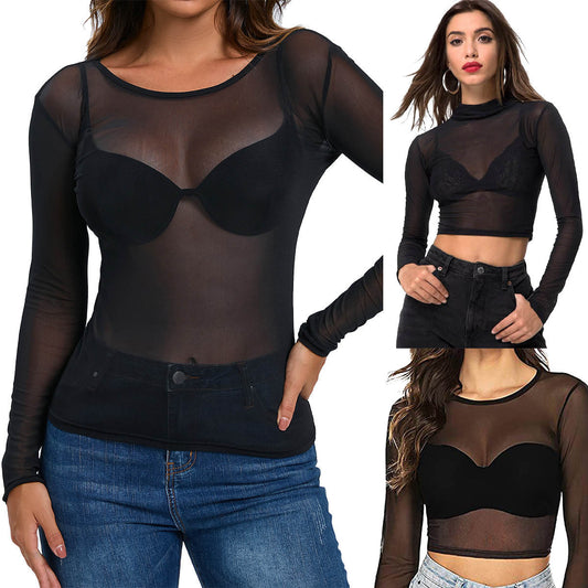 Simple And Sexy Slim-fit See-through Tight Long Sleeve Mesh Top For Women