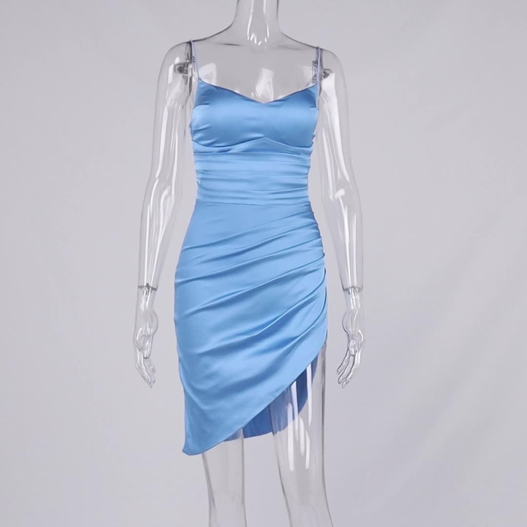 Ice Blue Satin Asymmetrical Mini Dress – Spaghetti Strap Ruched Party Dress V-neck Satin Satin Pleated Slit Sling Midi Skirt