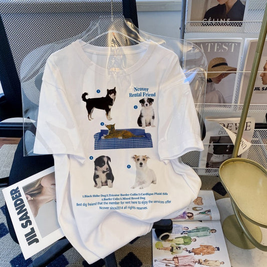 Never Rental Friend” Dog Print Tee – A Paw-sitive Style Statement Women's Short Sleeve Korean Cotton Top