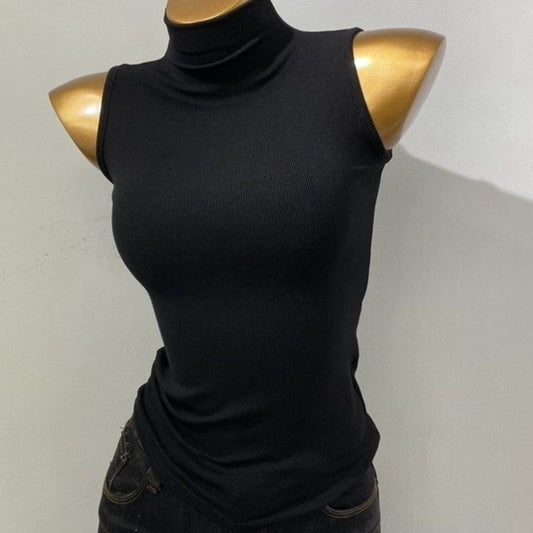 Sleek Sleeveless Turtleneck Top - Multi-Color Options Korean Style Half Turtleneck Sleeveless Vest Top