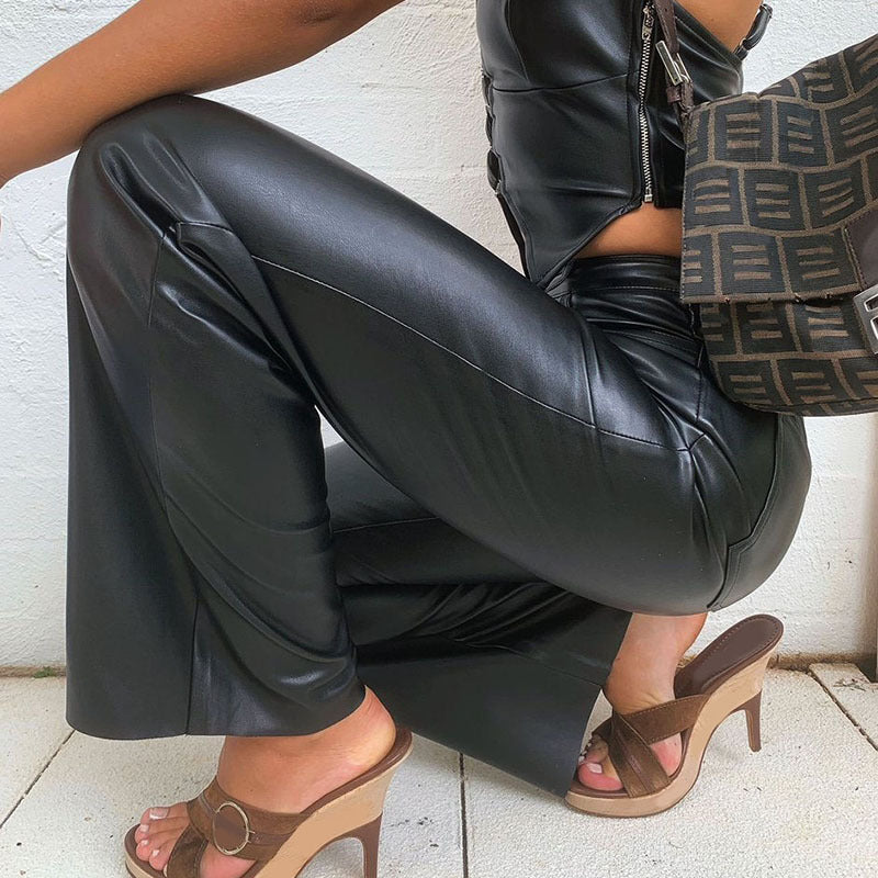 PU Leather High Waist Loose Black Trousers Women  Casual Straight-leg Pants