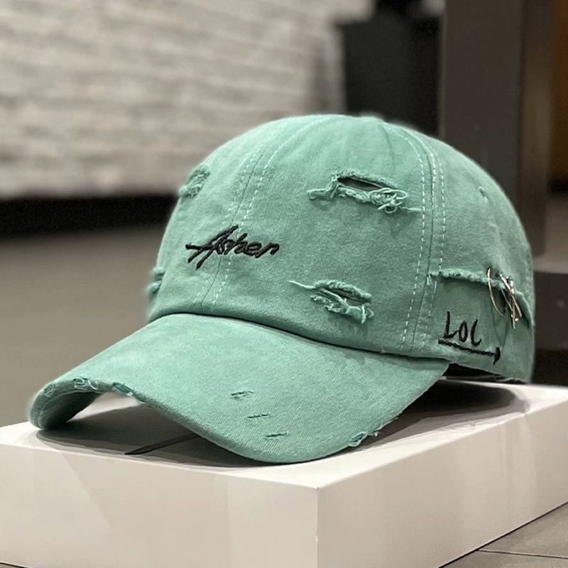 Korean Distressed "LOL" Embroidered Baseball Cap Ins Retro Tattered Jeans Soft Peaked Cap Women