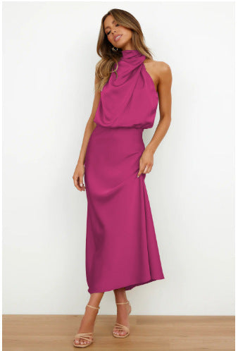Solid Color High-grade Satin Elegant Dress For Women's