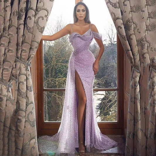Elegant Lilac Shimmering Draped Evening Gown Irregular Spaghetti-strap Split Dress