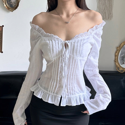 French Pure Desire Style Solid Color Stringy Selvedge Lace-up Long Sleeve