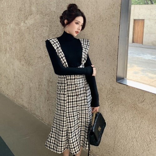 Fashion Long Suspender Skirt with Check Pattern French Retro Plaid Dress