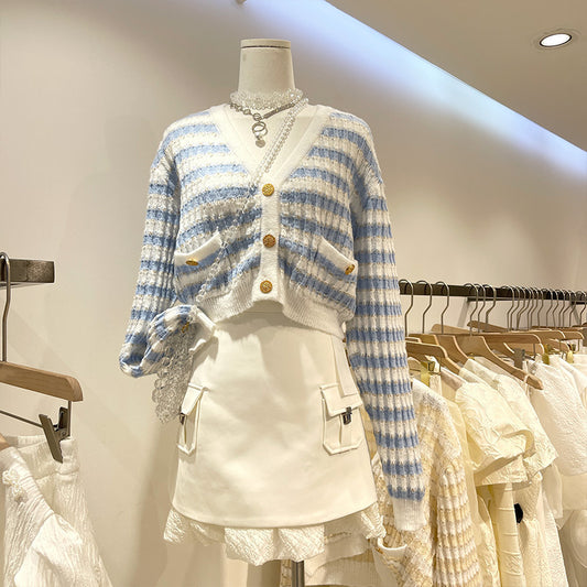 Korean Style V Neck Striped Knit Lazy Style Loose Crop Top
